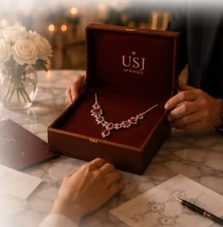 Hands opening a jewellery box to reveal a ruby necklace during a private consultation