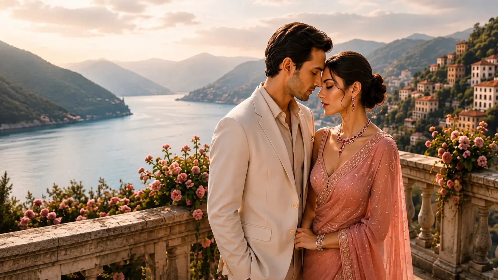 A couple in formal attire on a terrace overlooking a coastal town at sunset