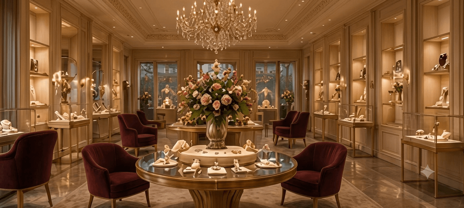 A warm, quietly lit salon with velvet seating and display cases