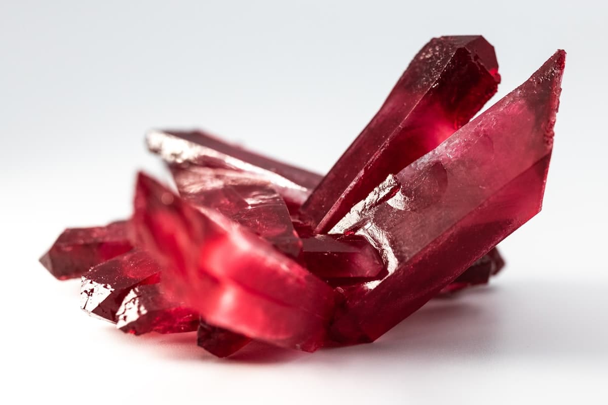 A cluster of deep red ruby crystals
