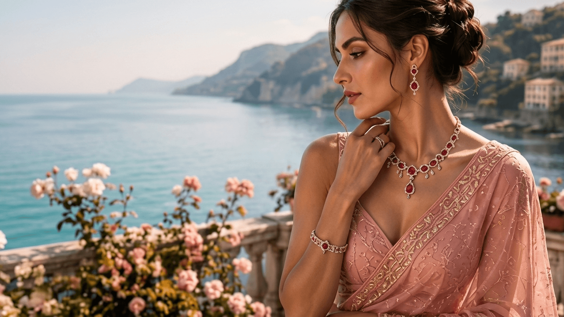A woman in a pink sari wearing jewellery against a coastal sunset